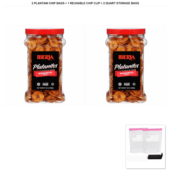 Iberia Maduritos Naturally Sweet Plantain Chips, 2 Bags x 20 oz + 1x Reusable Chip Clip & 2x Quart Resealable Food Storage Bags