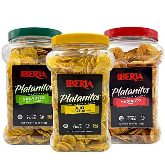 Iberia Plantain Chips Variety Bundle, Lightly Salted 20 oz, Garlic 20 oz, Maduritos 20 oz