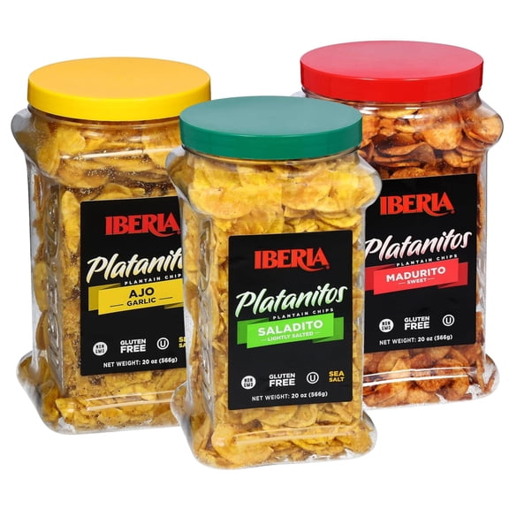 Iberia Plantain Chips Variety Bundle, Lightly Salted 20 oz, Garlic 20 oz, Maduritos 20 oz