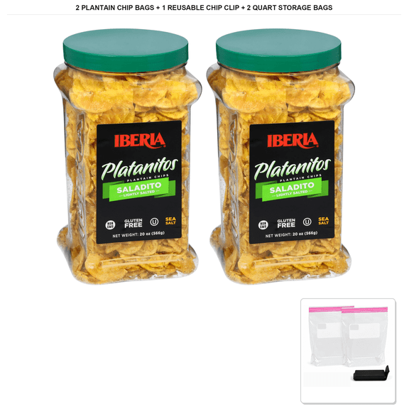 Iberia Saladito Lightly Salted Plantain Chips, 2 Bags x 20 oz + 1x Reusable Chip Clip & 2x Quart Resealable Food Storage Bags