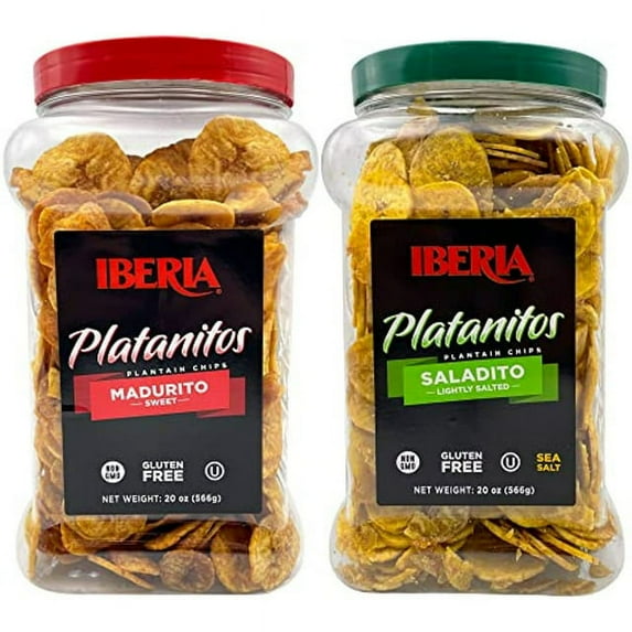 Iberia Salted Plantain Chips Jar 20 Ounce And Naturally Sweet Plantain Chips Jar 20 Ounce Bundle