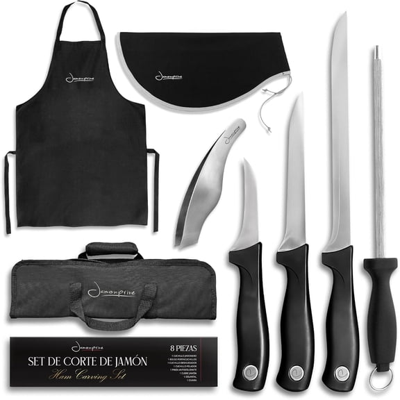 Iberico Ham Set with Carving Knife, Boning Paring Knife Steel, Apron, Cover and Jamon Serrano Tongs - Slicing for Meat Cutting Chef With Bag