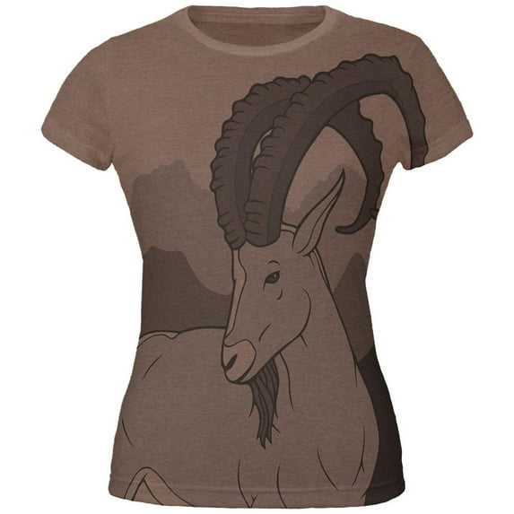 Ibex Goat Wild Mountains All Over Heather Brown Juniors Soft T-Shirt - 2X-Large