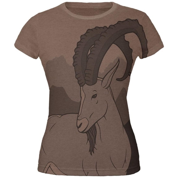 Ibex Goat Wild Mountains All Over Heather Brown Juniors Soft T-Shirt - Large