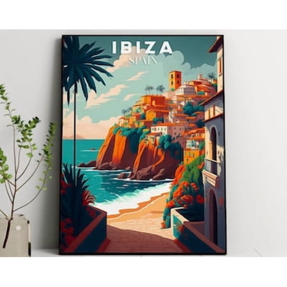Ibiza Beach Poster Coastal Landscape Travel Poster , Poster Print Only