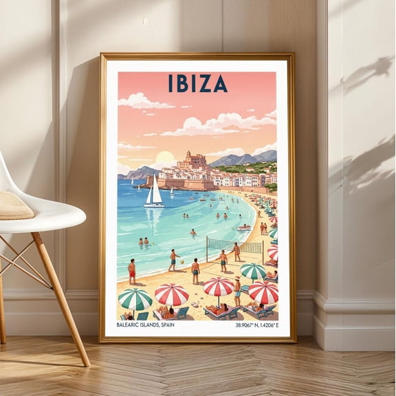 Ibiza Beach Scene Art Print: Pink, Blue, Green Gouache - Balearic Islands Decor, Stretched Canvas Size 16x24