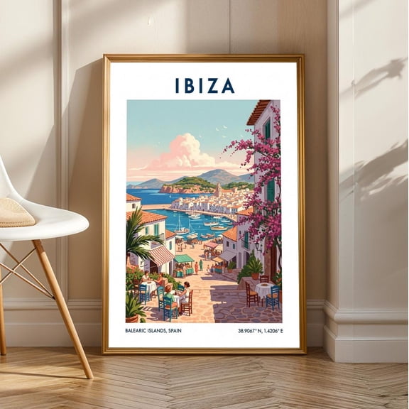 Ibiza Harbor Scene Print: Mediterranean Coastal Wall Art, Unframed Canvas Size 8x12
