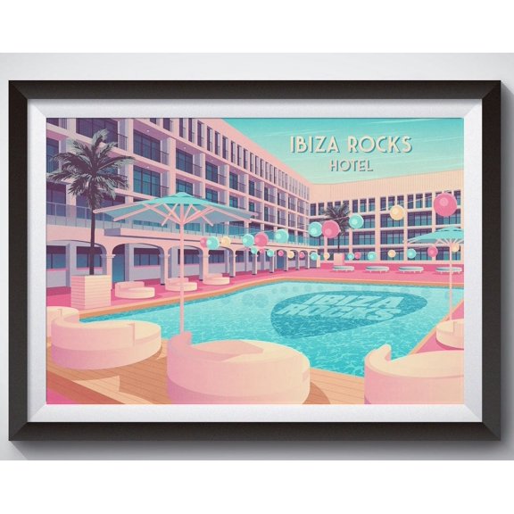 Ibiza Rocks Hotel Poster, San Antonio, Club Paraiso Mediterraneo, Ibiza Nightclub Travel Print, Space, Eden, Amnesia, Pacha, Pool Party Art Wall Art, Modern Wall Decor, 24x36 UNFRAMED