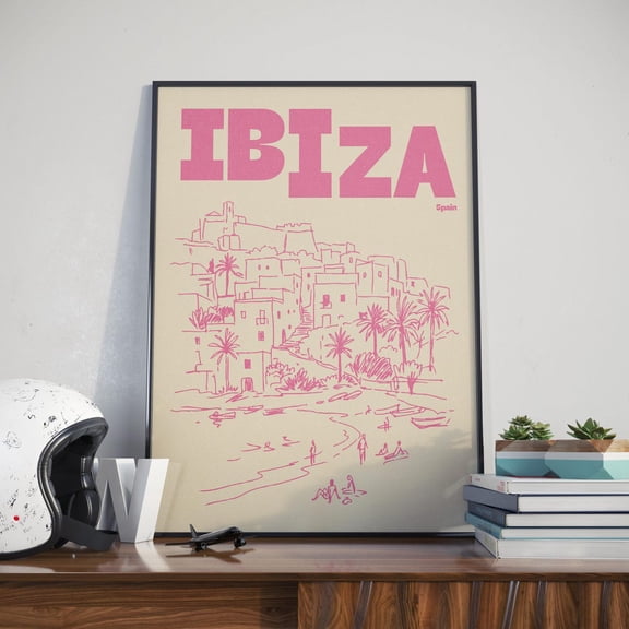 Ibiza Spain Illustration Print, Retro Coastal Sketch Wall Art in Orange, Blue or Pink, Poster Only