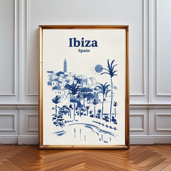 Ibiza Spain Poster Coastal Wall Art, Mediterranean Island Print, Minimalist Blue, Beach Landscape Decor Travel Poster Aesthetic, Poster Only