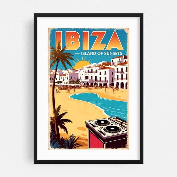 Ibiza Vintage Travel Poster – Island of Sun and Beats - Ibiza Balearic Islands Spain Illustration Travel Poster Vintage Poster Beach Sunset Tropical Music Black Framed Wall Art Print 12 x 18 inches