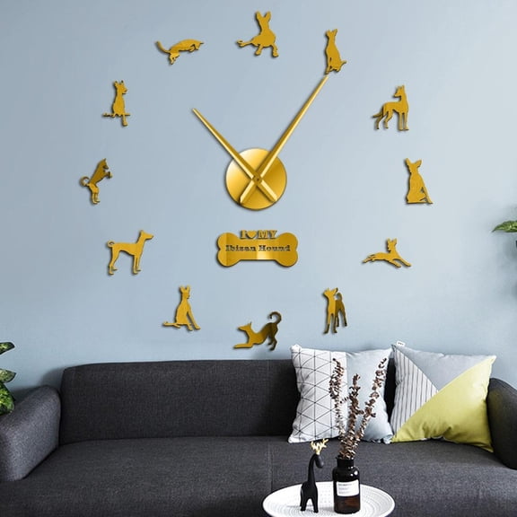 Ibizan Hound Large Wall Clock Spain Dog Breed Ibicenco Dog Pets Modern Wall Clocks Home Decor DIY Wall Art Wall Stickers(Gold,27inch)