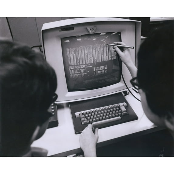 Ibm Programmers Work At A Cathode Ray Monitor With A Touch-Screen Pointer. Ca. 1980. History