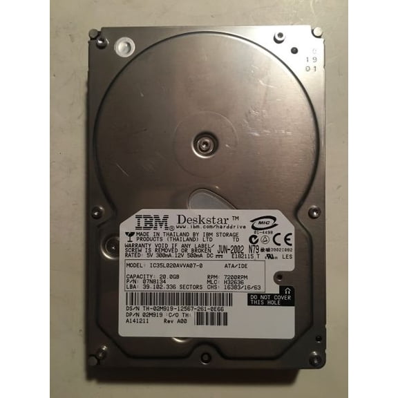 Ibm deskstar ide hdd 3.5 inch 20gb 07n8134, dp/n 02m919, mlc h32636, jun-2002, thailand