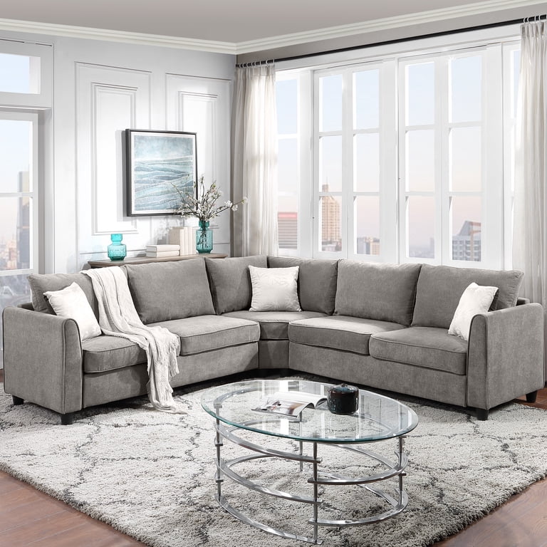 Ibsun Solid Print Polyester L Shape Sectional Sofa with Pillows, Gray