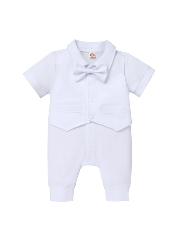 Baby Boy Baptism Outfit Christening Outfits Formal Suit Onesie Jumpsuit Overall Romper & Vest & Bowtie Wedding Tuxedo Gentleman Birthday Clothes Set 0-3 Months White-Short Sleeve