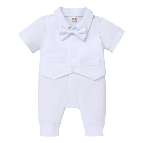 Ibtom Castle Baby Boy Baptism Outfit Christening Outfits Formal Suit Onesie Jumpsuit Overall Romper & Vest & Bowtie Wedding Tuxedo Gentleman Birthday Clothes Set 9-12 Months White-Short Sleeve