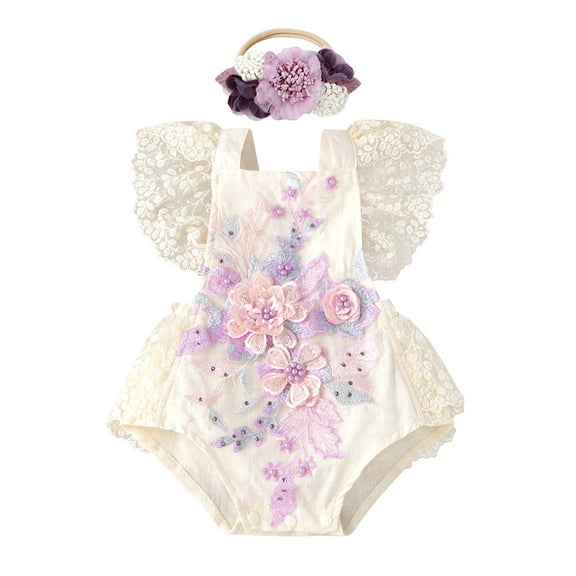 IBTOM CASTLE Baby Girls Lace Bodysuit Boho Clothes 1st Birthday Cake Smash Outfit Newborn Photography Outfits Summer Sunsuit 12-18 Months Apricot Purple Flower