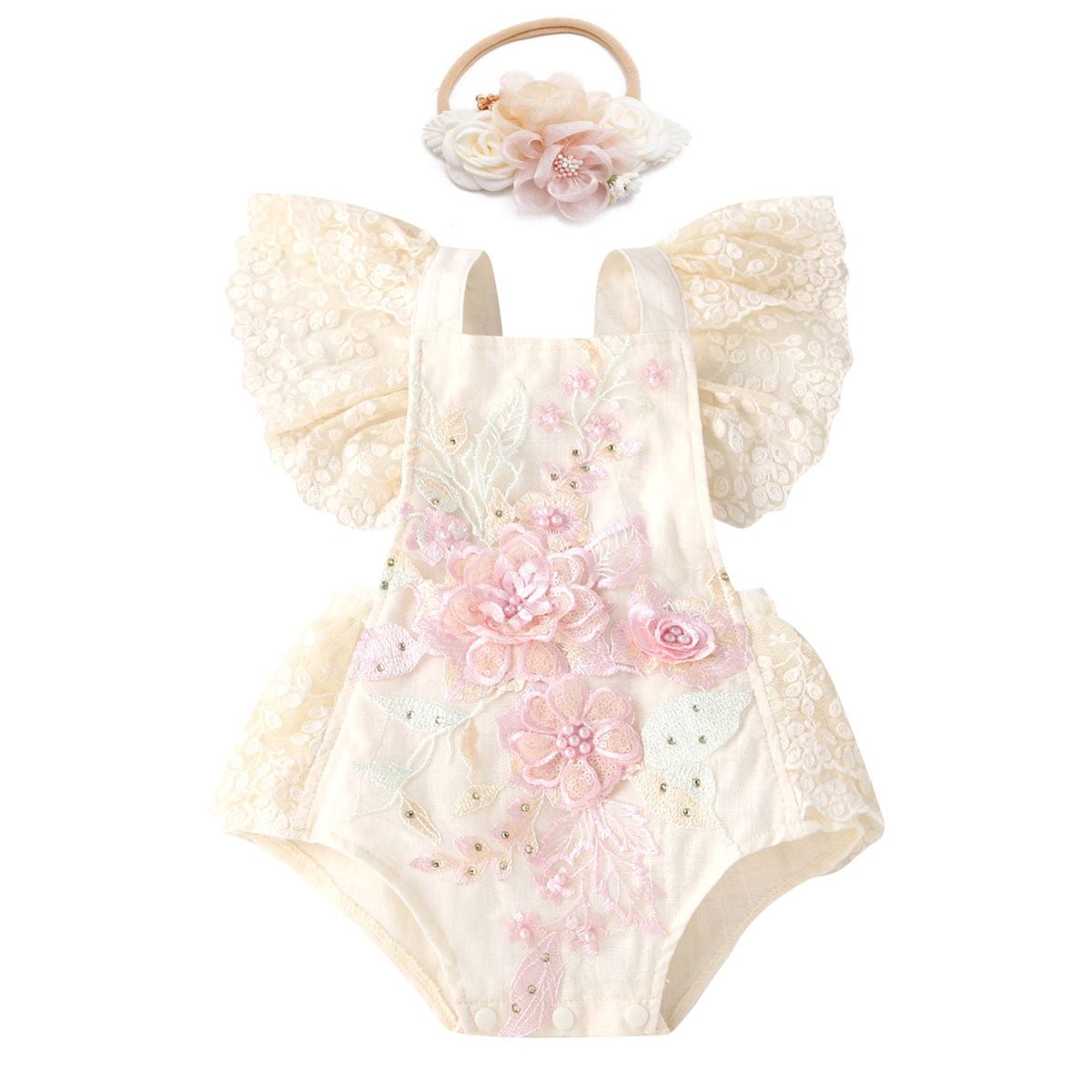 IBTOM CASTLE Baby Girls Lace Bodysuit Boho Clothes 1st Birthday Cake Smash Outfit Newborn Photography Outfits Summer Sunsuit 12-18 Months Apricot + Pink Flower