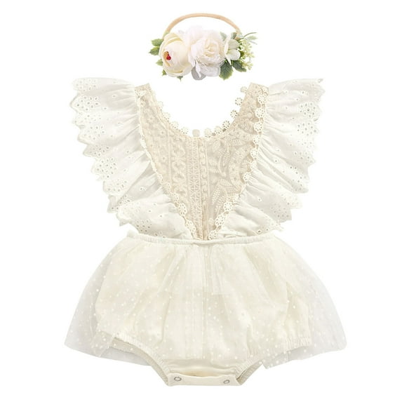 IBTOM CASTLE Baby Girls Lace Bodysuit Boho Clothes 1st Birthday Cake Smash Outfit Newborn Photography Outfits Summer Sunsuit 18-24 Months Beige