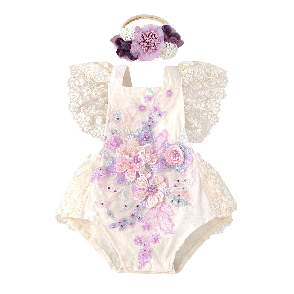 IBTOM CASTLE Baby Girls Lace Bodysuit Boho Clothes 1st Birthday Cake Smash Outfit Newborn Photography Outfits Summer Sunsuit 3-6 Months Apricot + Purple Flower