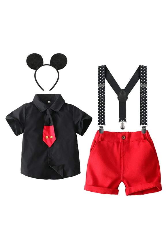 Toddler Little Boys Mouse Cosplay Costume Gentleman Necktie Shirt+Suspender+Short Pants+Headband 4pcs Birthday Outfit 4-5 Years Black