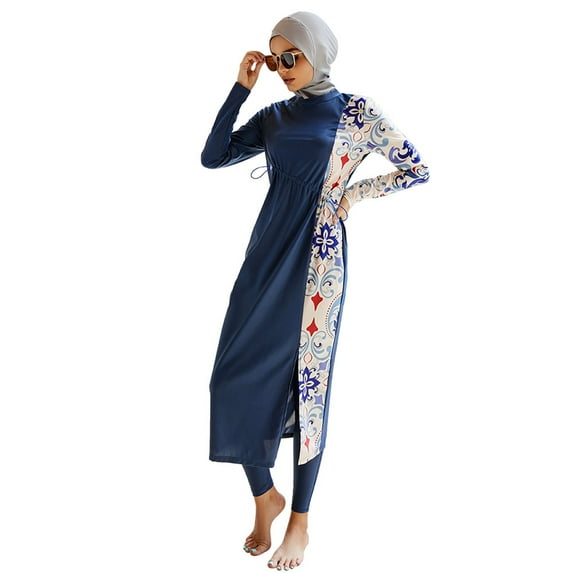 IBTOM CASTLE Muslim Swimsuits for Women Modest Islamic Arabic Swimwear Burkini Full Cover Hijab Top Pants Swimming Cap Bathing Suits XL Dark Blue Floral