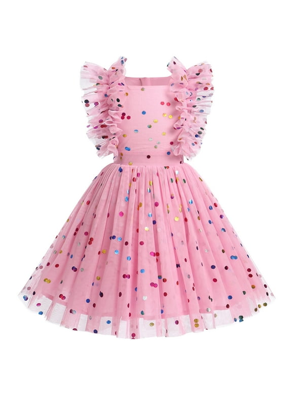Kids Girls Birthday Party Dress Sequins Butterfly Daisy Polka Dots Embroidery Princess Tulle Wedding Pageant Evening Gown 5-6 Years Pink Polka Dots