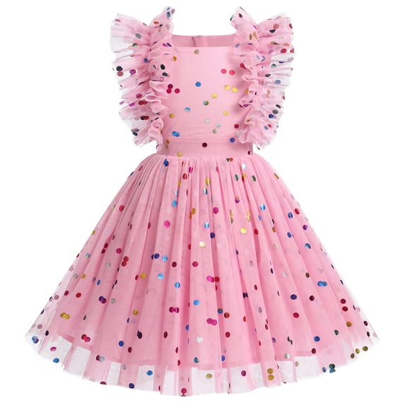 IBTOM CASTLE Kids Girls Birthday Party Dress Sequins Butterfly Daisy Polka Dots Embroidery Princess Tulle Wedding Pageant Evening Gown 5-6 Years Pink Polka Dots