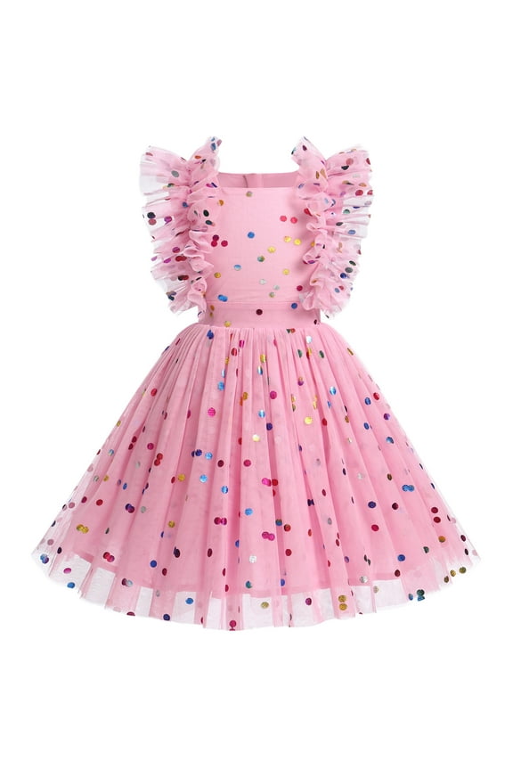Kids Girls Birthday Party Dress Sequins Butterfly Daisy Polka Dots Embroidery Princess Tulle Wedding Pageant Evening Gown 5-6 Years Pink Polka Dots