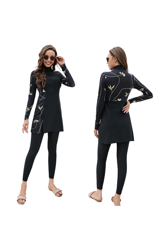 Women Muslim Swimsuits Modest Burkini Swimwear Islamic Long Sleeve Full Cover Swim Top Leggings Pants Bathing Suits S Black Flower