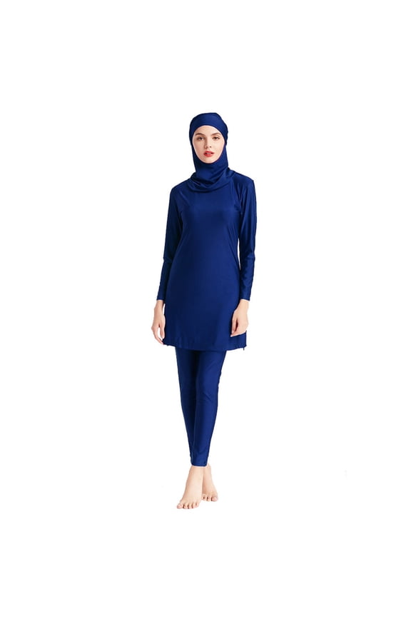 Women Muslim Burkini Swimsuits Modest Swimwear Islamic Long Sleeve Full Cover Hijab Swim Top Pants Plain ​Bathing Suit L Dark Blue