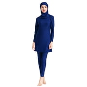IBTOM CASTLE Women Muslim Burkini Swimsuits Modest Swimwear Islamic Long Sleeve Full Cover Hijab Swim Top Pants Plain  Bathing Suit L Dark Blue