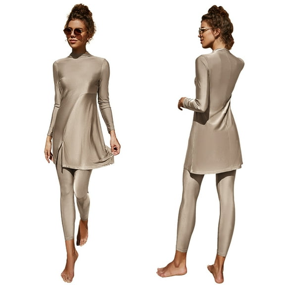 IBTOM CASTLE Women Muslim Swimsuits Modest Burkini Swimwear Islamic Long Sleeve Full Cover Swim Top Leggings Pants ​Bathing Suits L Apricot & Split