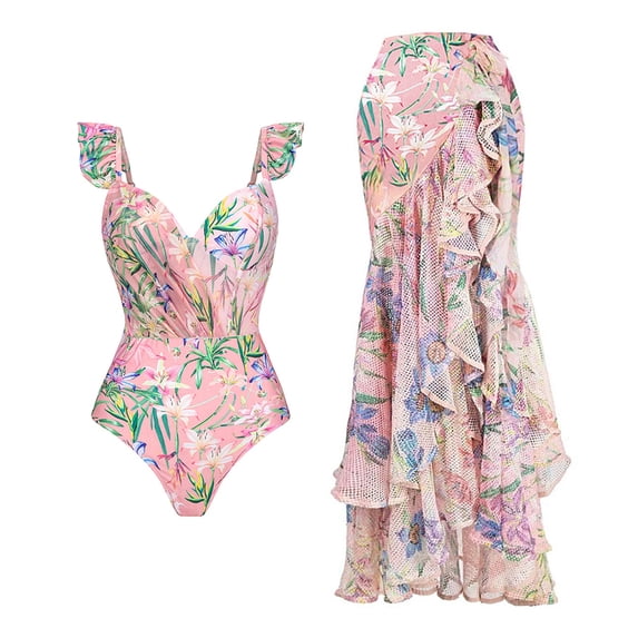 IBTOM CASTLE Women's One Piece Swimsuit with Beach Cover up Wrap Skirt Sarong Retro Floral Print Bikini Set Two Piece Bathing Suit L Pink - Ruffle Shoulders