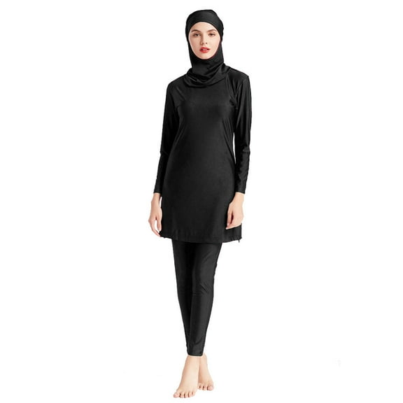 IBTOM CASTLE Women Muslim Burkini Swimsuits Modest Swimwear Islamic Long Sleeve Full Cover Hijab Swim Top Pants Plain Bathing Suit L Black