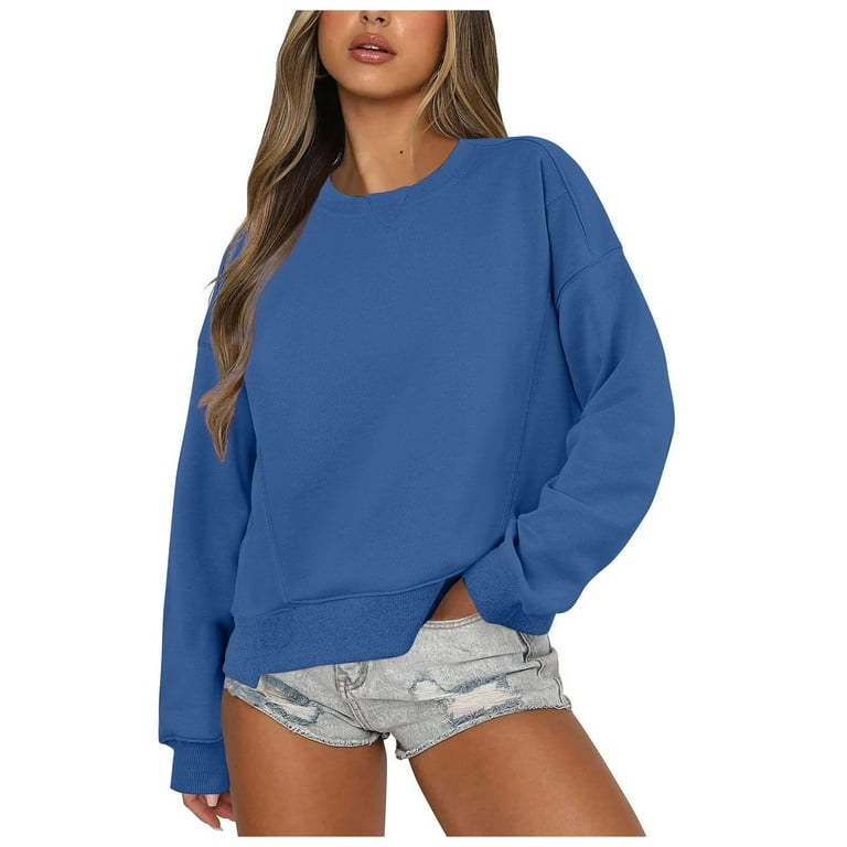 Ibvajbalk Fall Sweatshirt Pullover Crop Tops Oversized Solid Color Sweatshirts Crewneck Workout Pullover Sweater Fall Outfits Clothes Women Fall Sweatshirts for Women Blue L Walmart