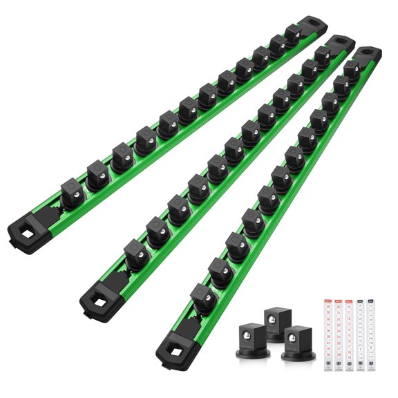 Ic Socket Organizer Set 3pc 1/2-inch Drive Aluminum Alloy Rail Heavy Duty Holder For Tool Box Drawer 360° Swivel Rack 1/2" X 36 Clips Green