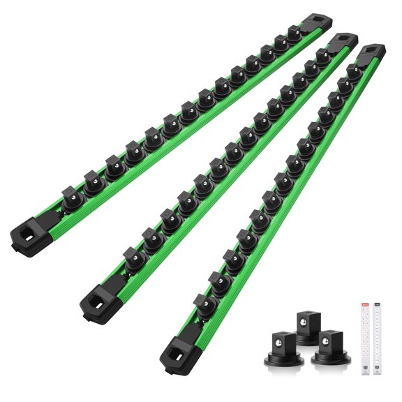 Ic Socket Organizer Set 3pc 3/8-inch Drive Aluminum Alloy Rail Heavy Duty Holder For Tool Box Drawer 360° Swivel Rack 3/8" X 42 Clips Green