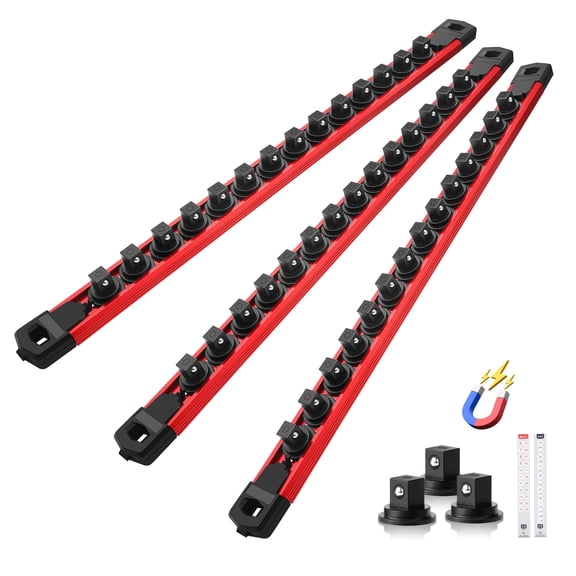 Ic Socket Organizer Set 3pc 3/8-inch Drive Aluminum Alloy Rail Heavy Duty Holder For Tool Box Drawer 360° Swivel Rack 3/8" X 42 Clips Red