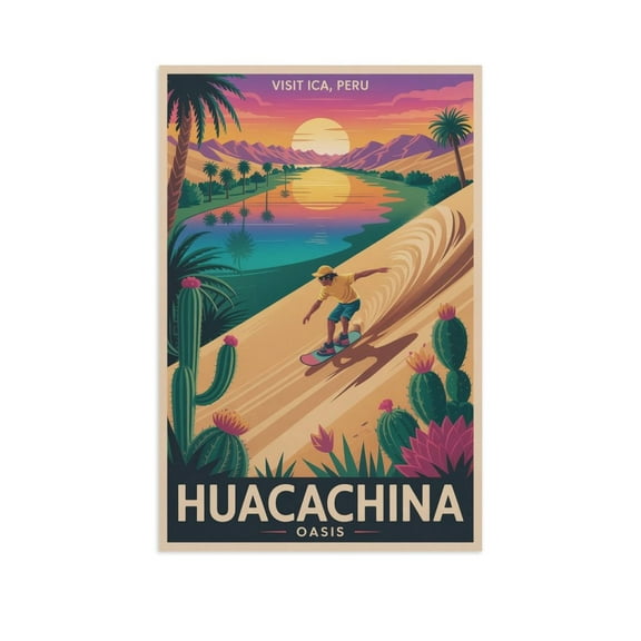 Ica Peru Vintage City Travel Poster with Huacachina Oasis And Desert Dunes Canvas Poster