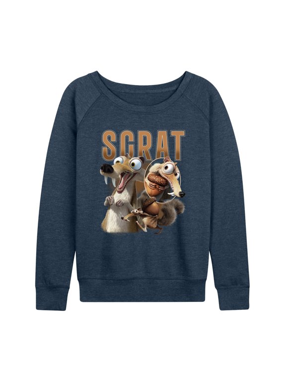 - Scrat Acorn Women's Lightweight French Terry Wide Neck Long Sleeve Graphic Shirt