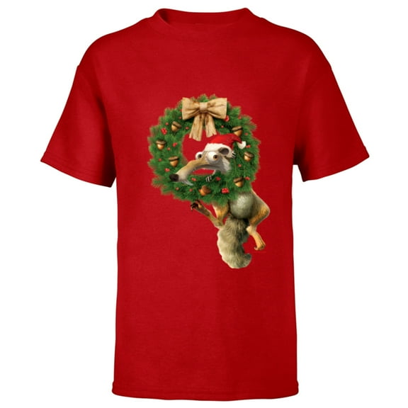 Ice Age Scrat Prehistoric Christmas Holiday Acorn Wreath - Short Sleeve T-Shirt for Kids - Customized-Red