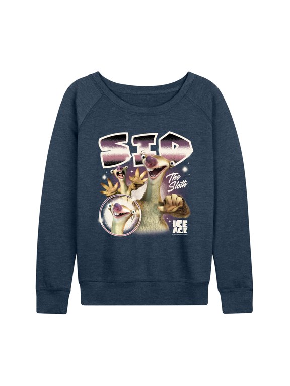 - Sid The Sloth Women's Lightweight French Terry Wide Neck Long Sleeve Graphic Shirt
