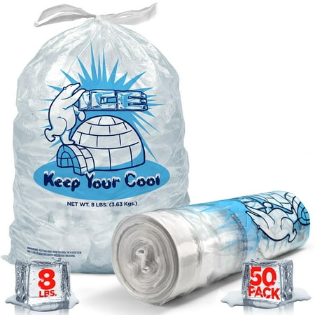 Ice Bags 8 lb with Drawstring, 50 Pack Ice Bags for Ice Machine, Reusable Ice Cube Bags, Ice Storage Bags for Freezers