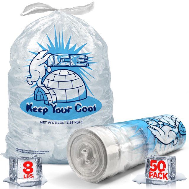 Durable Plastic 8 lb Ice Bags with Drawstring, 50 Pack Reusable Ice ...
