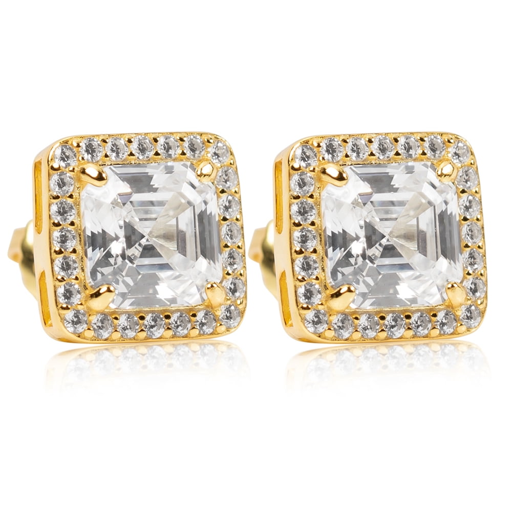 Ice Out Baguette Yellow Gold Plated 925 Sterling Silver Unisex Hypoallergenic Asscher Cut 5A Cz Stone Square 9mm Iced Hip Hop Micro Pave Stud Screw Back Post Earrings Jewelry Gifts For Men Women