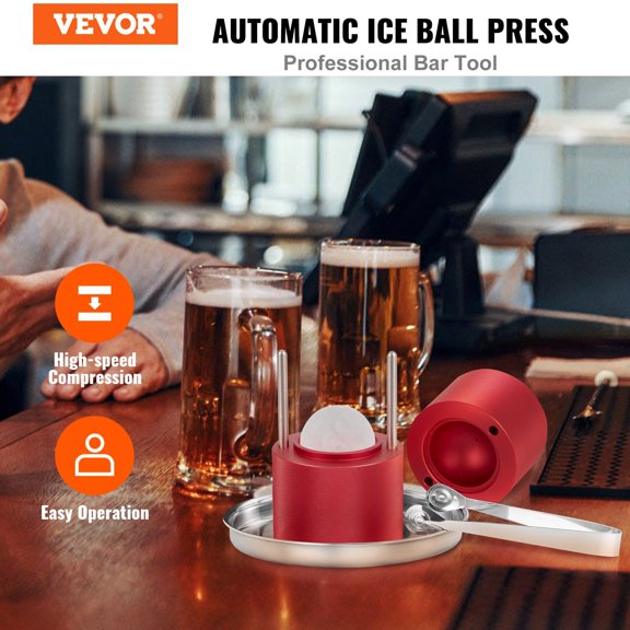 Ice Ball Press,2.4"Ice Ball Maker,Aircraft Al Alloy Ice Ball Press Kit for 60mm Ice Sphere,Ice Press with Tong&Drip Tray,for Whiskey,Cocktail,Bourbon,Scot on Party&Holiday,Red