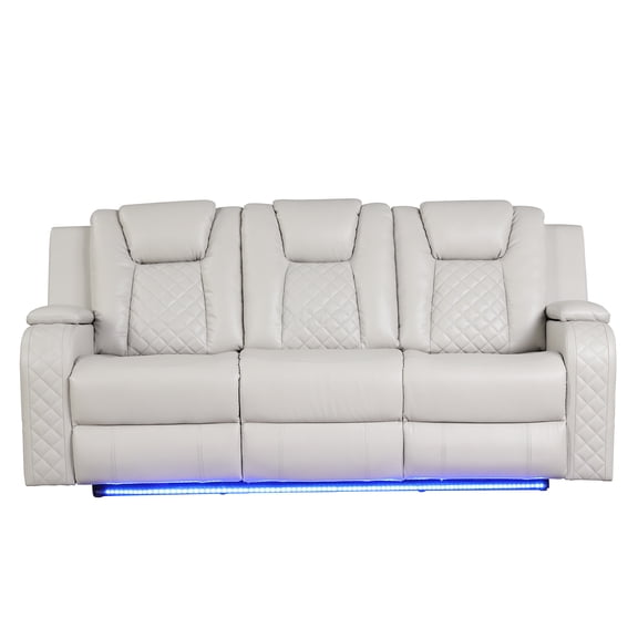 Ice Beige Faux Leather Power Reclining Sofa with LED Lights and USB Ports