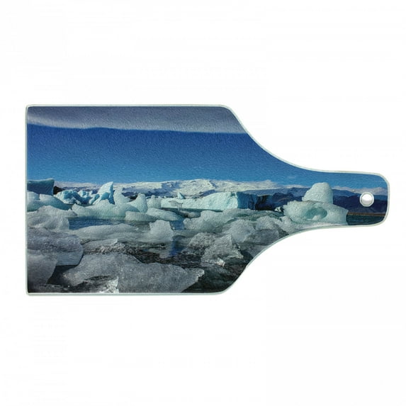 Ice Berg Cutting Board, Glacier Elements Floating in a Lagoon in Iceland Global Warming Effect, Decorative Tempered Glass Cutting and Serving Board, in 3 Sizes, by Ambesonne